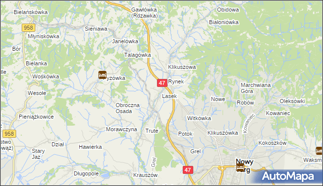 mapa Lasek gmina Nowy Targ, Lasek gmina Nowy Targ na mapie Targeo