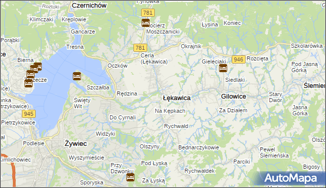 mapa Łękawica powiat żywiecki, Łękawica powiat żywiecki na mapie Targeo