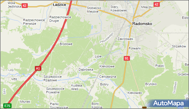 mapa Lipie gmina Radomsko, Lipie gmina Radomsko na mapie Targeo