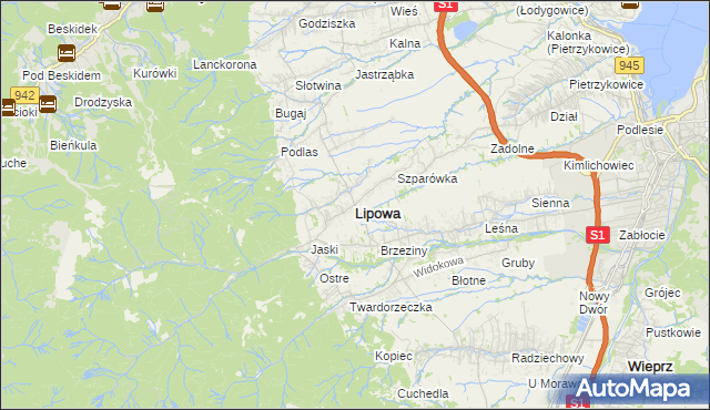 mapa Lipowa powiat żywiecki, Lipowa powiat żywiecki na mapie Targeo