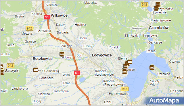 mapa Łodygowice powiat żywiecki, Łodygowice powiat żywiecki na mapie Targeo