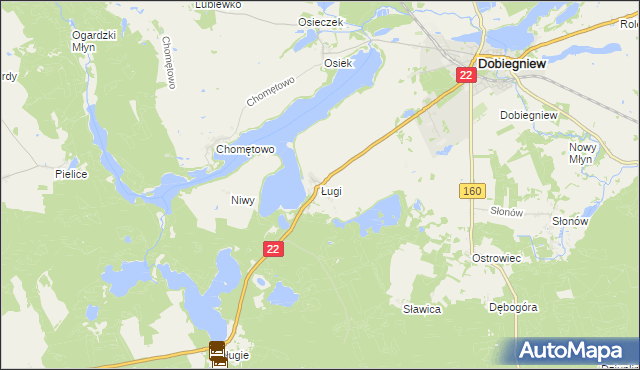 mapa Ługi gmina Dobiegniew, Ługi gmina Dobiegniew na mapie Targeo