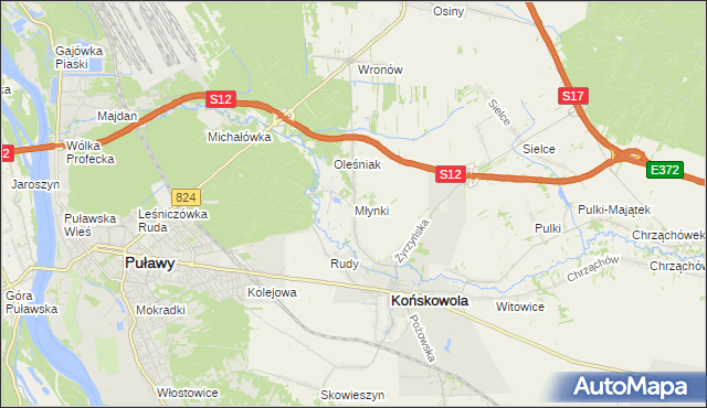 mapa Młynki gmina Końskowola, Młynki gmina Końskowola na mapie Targeo