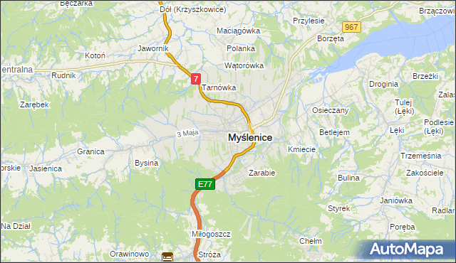 mapa Myślenice, Myślenice na mapie Targeo