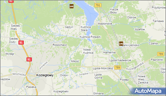 mapa Nowa Kuźnica gmina Koziegłowy, Nowa Kuźnica gmina Koziegłowy na mapie Targeo