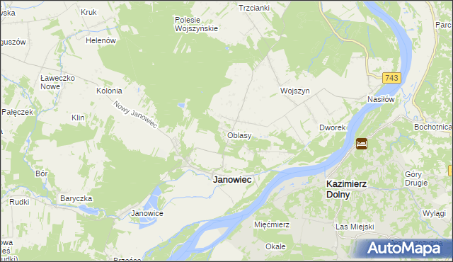 mapa Oblasy gmina Janowiec, Oblasy gmina Janowiec na mapie Targeo