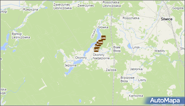 mapa Okoniny Nadjeziorne, Okoniny Nadjeziorne na mapie Targeo