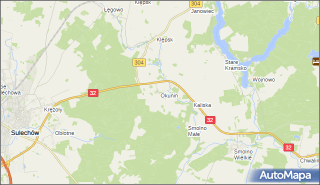 mapa Okunin gmina Sulechów, Okunin gmina Sulechów na mapie Targeo