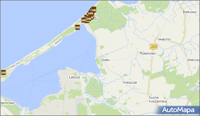 mapa Osieki gmina Sianów, Osieki gmina Sianów na mapie Targeo