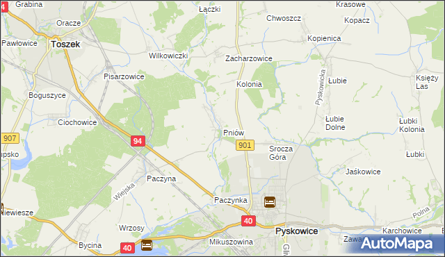 mapa Pniów gmina Toszek, Pniów gmina Toszek na mapie Targeo