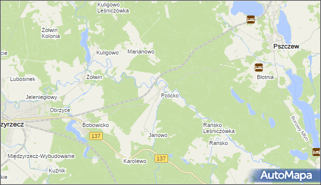 mapa Policko gmina Pszczew, Policko gmina Pszczew na mapie Targeo