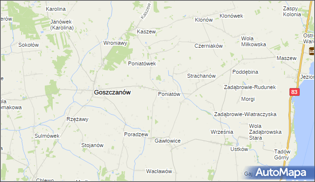 mapa Poniatów gmina Goszczanów, Poniatów gmina Goszczanów na mapie Targeo