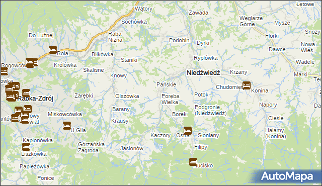 mapa Poręba Wielka gmina Niedźwiedź, Poręba Wielka gmina Niedźwiedź na mapie Targeo