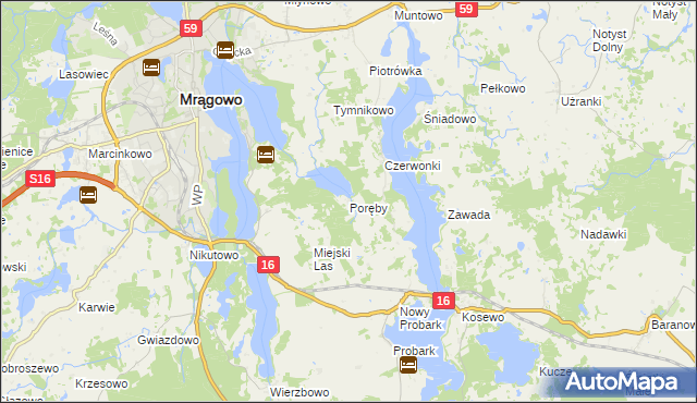 mapa Poręby gmina Mrągowo, Poręby gmina Mrągowo na mapie Targeo
