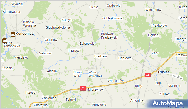 mapa Prądzew gmina Rusiec, Prądzew gmina Rusiec na mapie Targeo