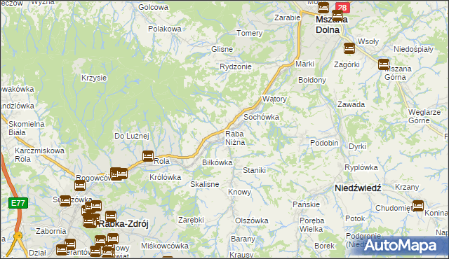 mapa Raba Niżna, Raba Niżna na mapie Targeo