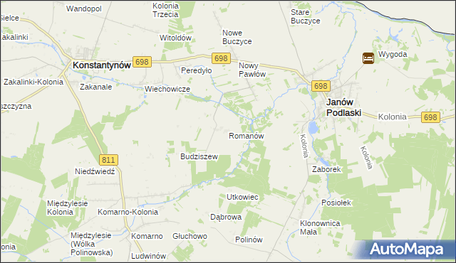 mapa Romanów gmina Janów Podlaski, Romanów gmina Janów Podlaski na mapie Targeo