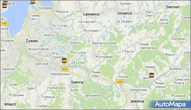 mapa Rychwałdek, Rychwałdek na mapie Targeo