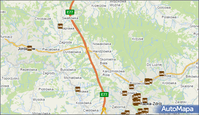 mapa Skomielna Biała, Skomielna Biała na mapie Targeo