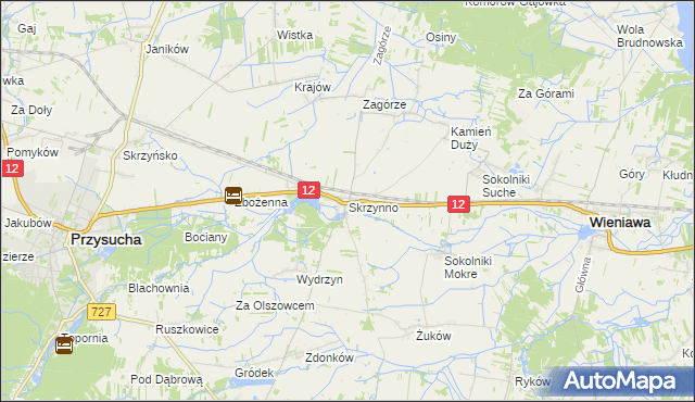 mapa Skrzynno gmina Wieniawa, Skrzynno gmina Wieniawa na mapie Targeo