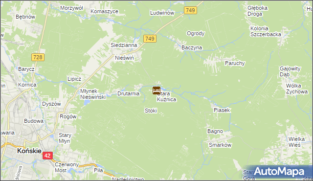 mapa Stara Kuźnica gmina Końskie, Stara Kuźnica gmina Końskie na mapie Targeo