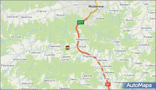 mapa Stróża gmina Pcim, Stróża gmina Pcim na mapie Targeo