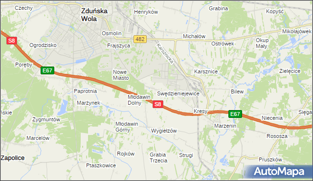 mapa Swędzieniejewice, Swędzieniejewice na mapie Targeo