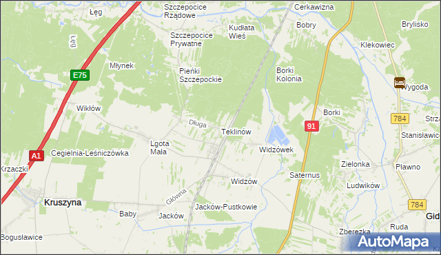 mapa Teklinów gmina Kruszyna, Teklinów gmina Kruszyna na mapie Targeo
