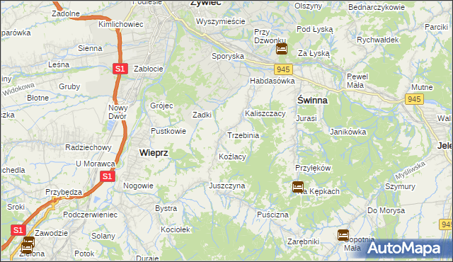 mapa Trzebinia gmina Świnna, Trzebinia gmina Świnna na mapie Targeo