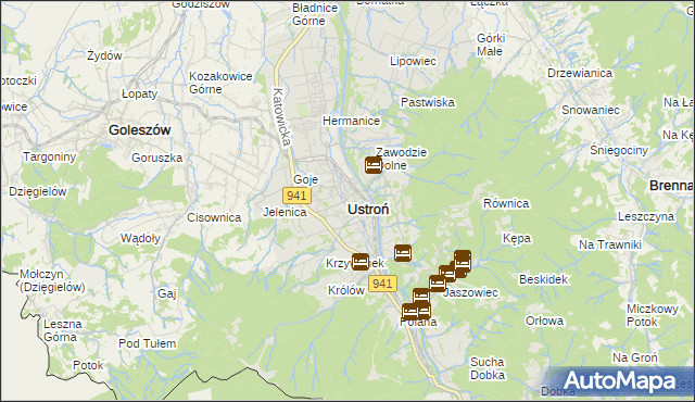 mapa Ustroń powiat cieszyński, Ustroń powiat cieszyński na mapie Targeo
