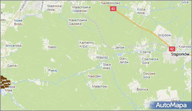 mapa Wąsosz gmina Końskie, Wąsosz gmina Końskie na mapie Targeo