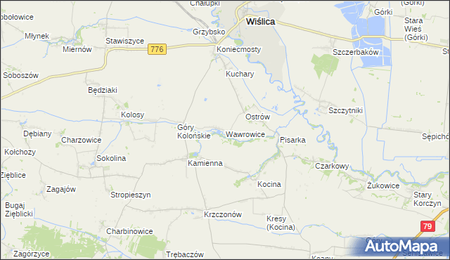 mapa Wawrowice gmina Wiślica, Wawrowice gmina Wiślica na mapie Targeo
