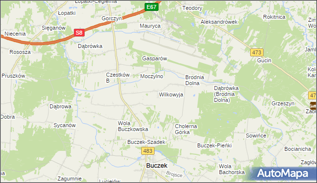 mapa Wilkowyja gmina Buczek, Wilkowyja gmina Buczek na mapie Targeo