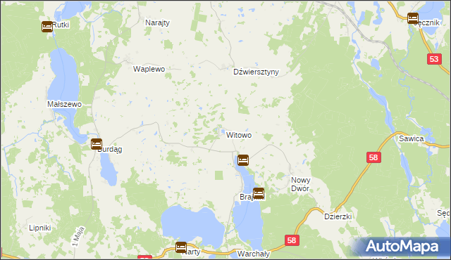 mapa Witowo gmina Jedwabno, Witowo gmina Jedwabno na mapie Targeo