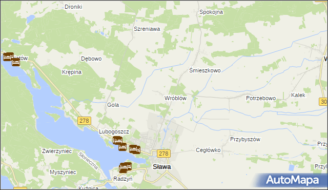 mapa Wróblów gmina Sława, Wróblów gmina Sława na mapie Targeo