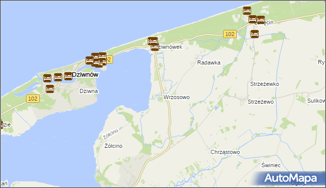 mapa Wrzosowo gmina Kamień Pomorski, Wrzosowo gmina Kamień Pomorski na mapie Targeo