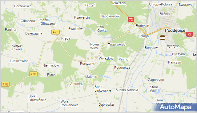 mapa Wylazłów gmina Poddębice, Wylazłów gmina Poddębice na mapie Targeo