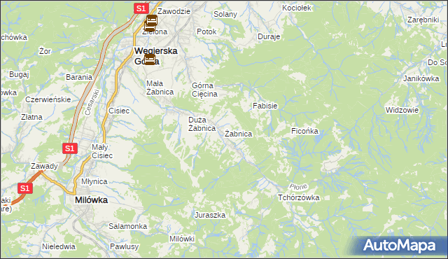 mapa Żabnica gmina Węgierska Górka, Żabnica gmina Węgierska Górka na mapie Targeo