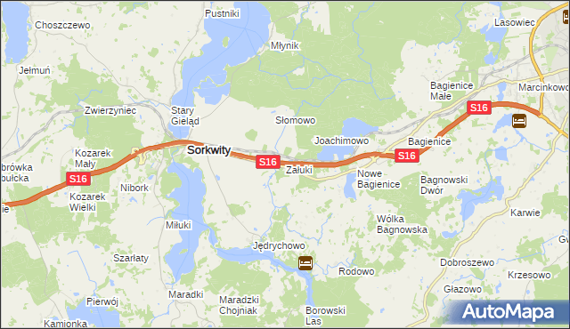 mapa Załuki gmina Sorkwity, Załuki gmina Sorkwity na mapie Targeo