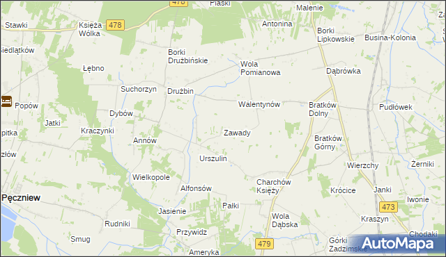 mapa Zawady gmina Zadzim, Zawady gmina Zadzim na mapie Targeo