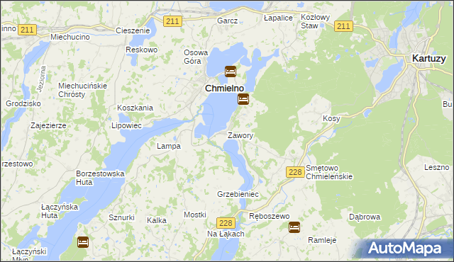 mapa Zawory gmina Chmielno, Zawory gmina Chmielno na mapie Targeo