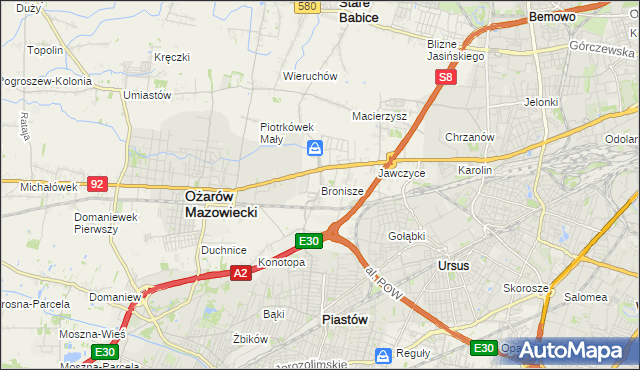 mapa Bronisze gmina Ożarów Mazowiecki, Bronisze gmina Ożarów Mazowiecki na mapie Targeo