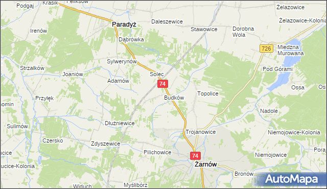 mapa Budków gmina Żarnów, Budków gmina Żarnów na mapie Targeo