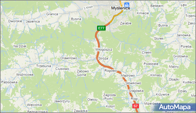 mapa Stróża gmina Pcim, Stróża gmina Pcim na mapie Targeo