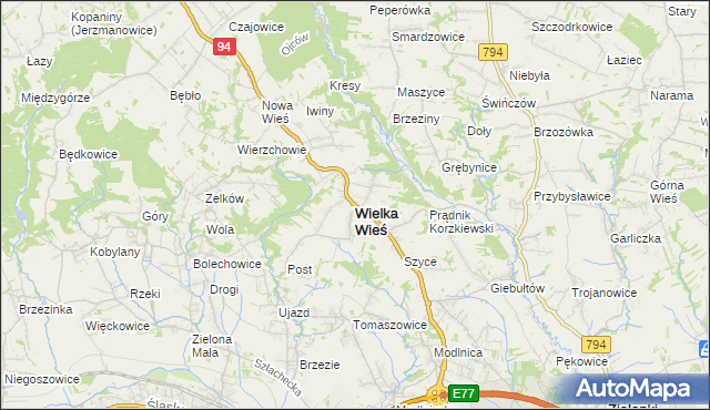 mapa Wielka Wieś powiat krakowski, Wielka Wieś powiat krakowski na mapie Targeo