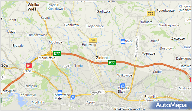 mapa Zielonki powiat krakowski, Zielonki powiat krakowski na mapie Targeo