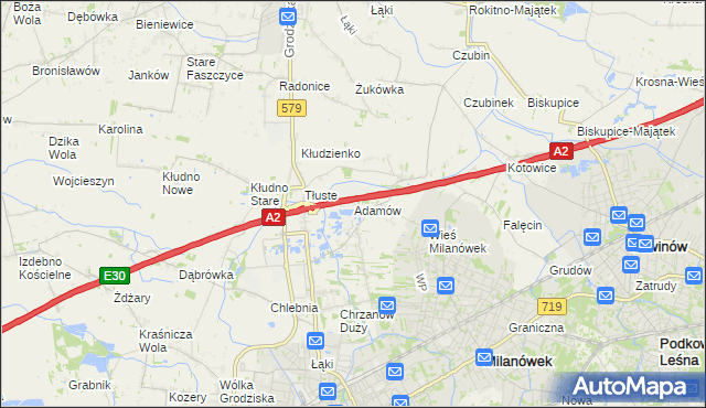 mapa Adamów gmina Grodzisk Mazowiecki, Adamów gmina Grodzisk Mazowiecki na mapie Targeo