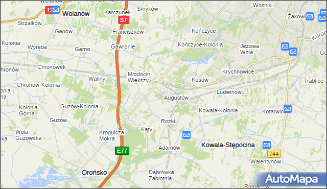 mapa Augustów gmina Kowala, Augustów gmina Kowala na mapie Targeo