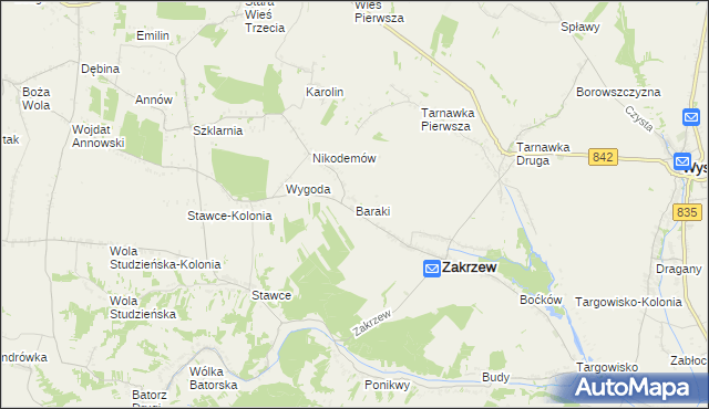 mapa Baraki gmina Zakrzew, Baraki gmina Zakrzew na mapie Targeo