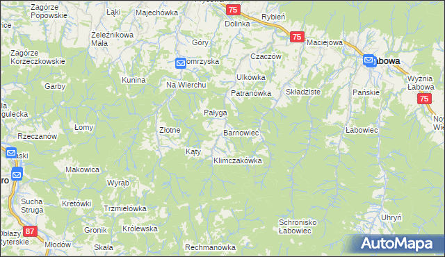 mapa Barnowiec gmina Łabowa, Barnowiec gmina Łabowa na mapie Targeo
